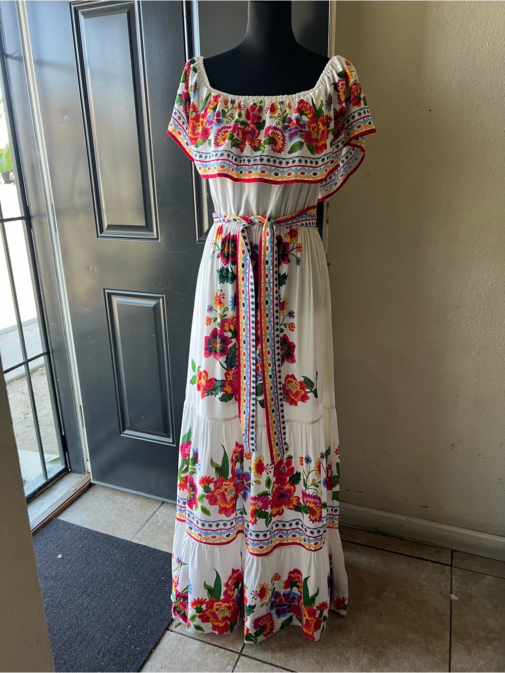 Flying tomato White Floral Off-Shoulder Maxi Dress with Belt